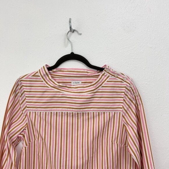 J. Crew Funnel Wide Boat Neck Pink Brown Striped Hi-Low Hem Popover Blouse Top 2 - Picture 2 of 12